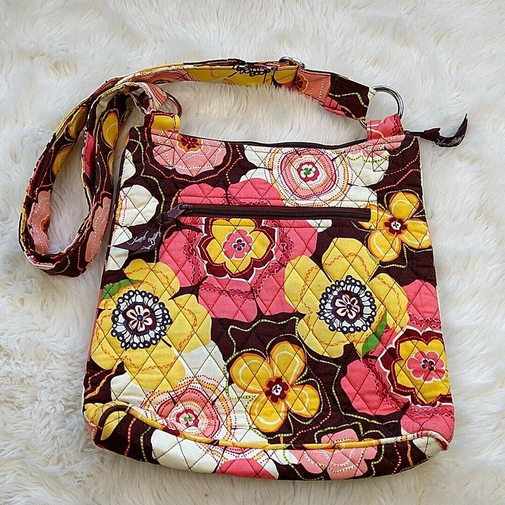 Vera Bradley Purse Shoulder Bag Brown Pink Yellow Floral Quilted Adjustable Stra